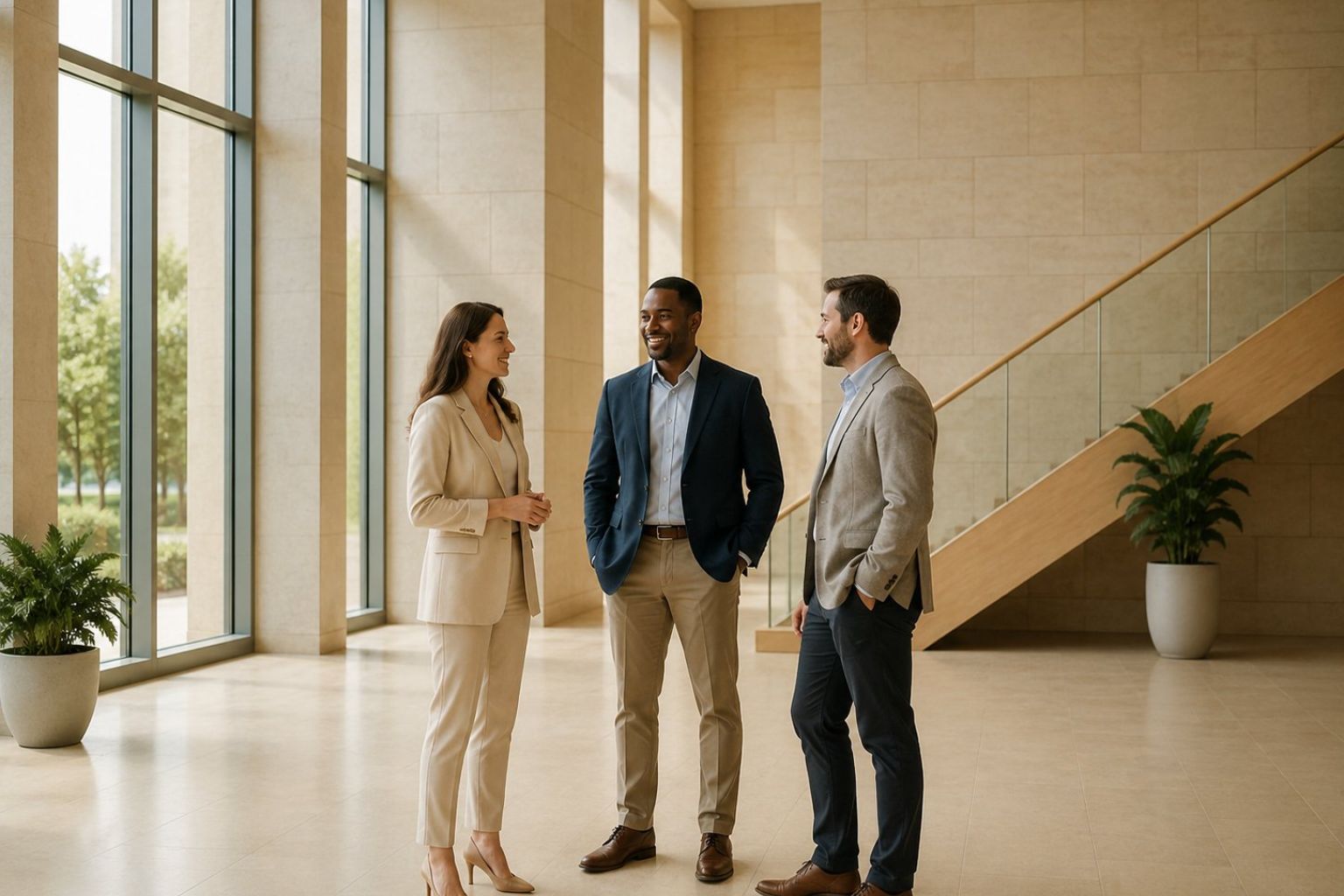 Three leaders talking together in a bright office lobby beside an open staircase — Stratdel business consulting services in Houston