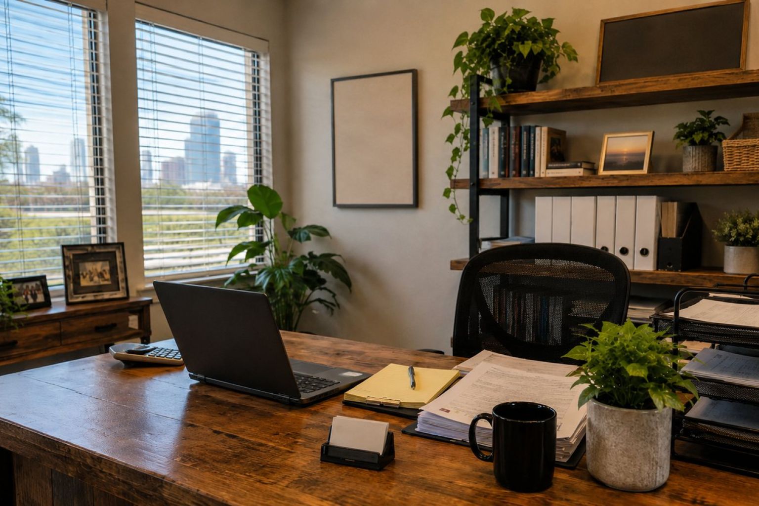 Quiet office desk with a laptop and working papers, city skyline through the window — Stratdel mergers, acquisitions and integration consulting in Houston