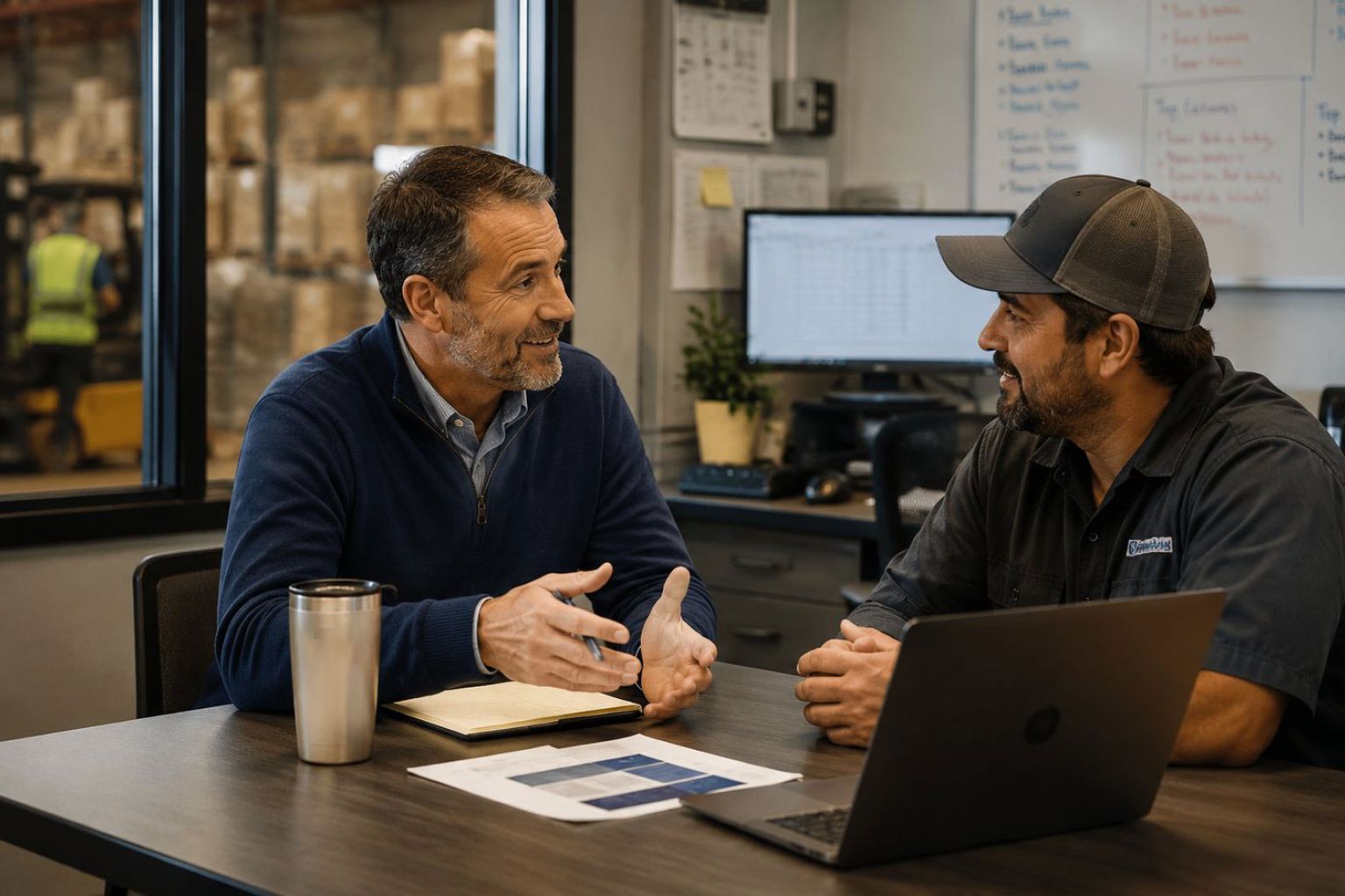 Two colleagues talking across a desk in a shop office, laptop and paperwork between them — contact Stratdel for fractional executive leadership in Houston