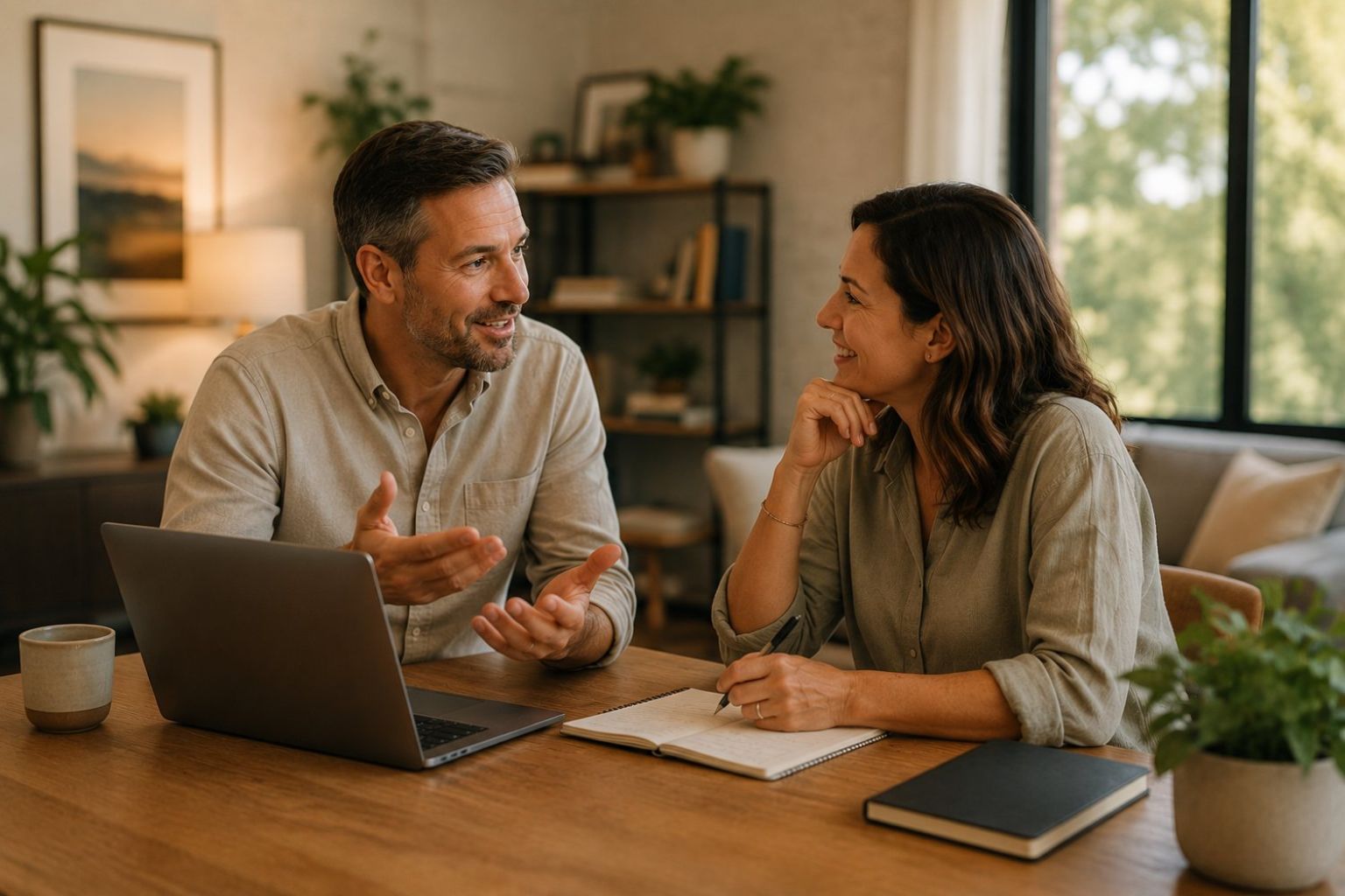 Two colleagues talking over a laptop and notes at a warm wood table — Stratdel fractional CIO services in Houston