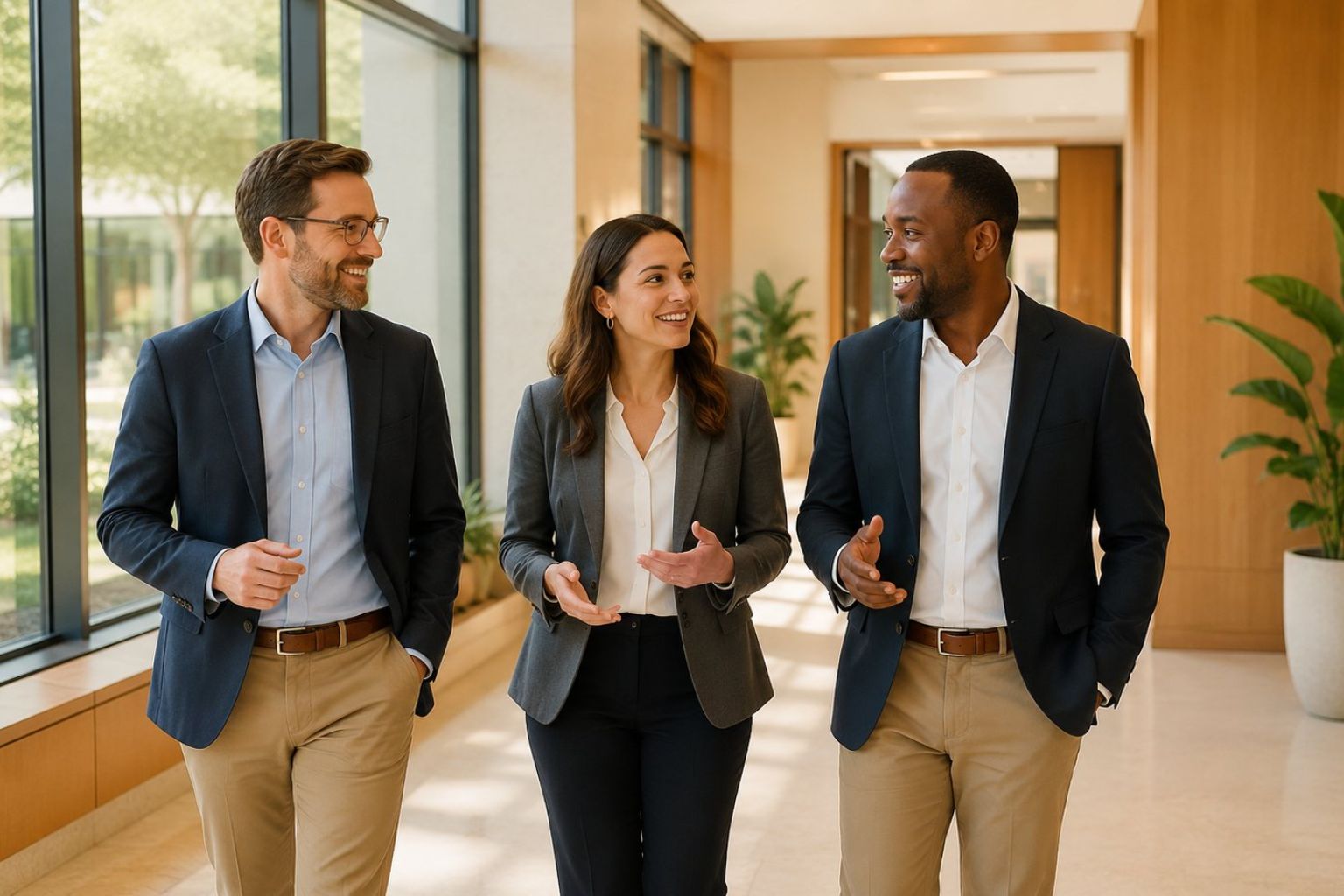 Three colleagues in conversation walking through a bright office corridor — Stratdel working capital and liquidity management in Houston