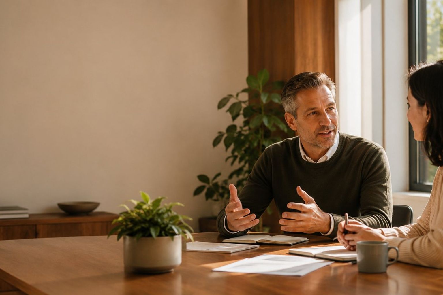 Two leaders talking over notes at a warm wood table — Stratdel fractional CFO services in Houston