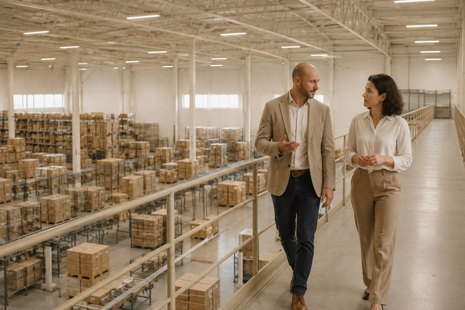 Two leaders walking and talking along a mezzanine walkway above a warehouse floor — Stratdel growth strategy and value creation consulting in Houston